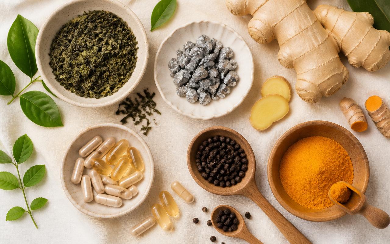 Ingredientes naturais: chá verde, gengibre, cúrcuma, pimenta-preta e cápsulas